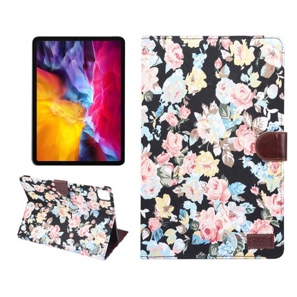 For iPad Pro 11 inch 2020 / 2021 PC + Left And Right Flowering Cloth Holster Wallet Card Holder With Dormancy(Black Flower)-garmade.com