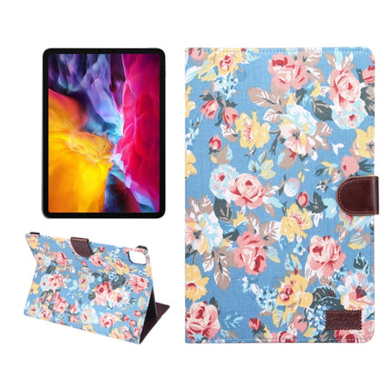 For iPad Pro 11 inch 2020 / 2021 PC + Left And Right Flowering Cloth Holster Wallet Card Holder With Dormancy(Blue Flower)-garmade.com