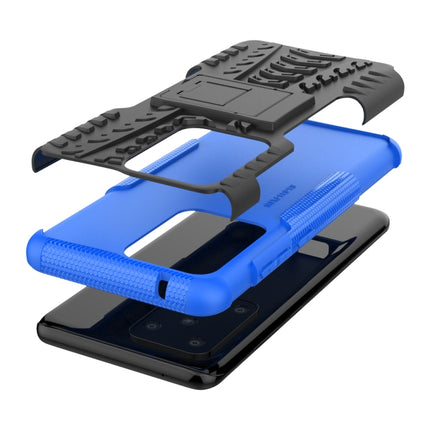 For Galaxy S20 Ultra Tire Texture Shockproof TPU+PC Protective Case with Holder(Blue)-garmade.com