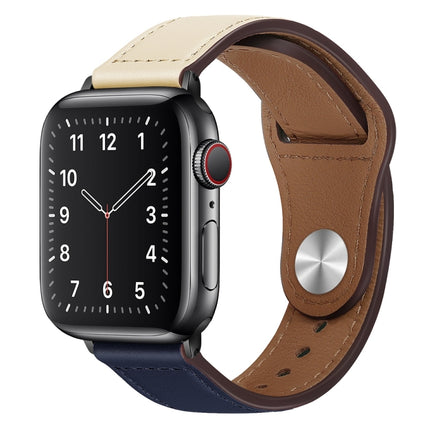 PU Leather Black Buckle Watch Band For Apple Watch Series 9&8&7 41mm / SE 3&SE 2&6&SE&5&4 40mm / 3&2&1 38mm(Beige and Dark Blue)-garmade.com