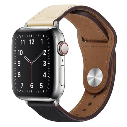 PU Leather Silver Buckle Watch Band For Apple Watch Ultra 49mm&Watch Ultra 2 49mm / Series 9&8&7 45mm / SE 3&SE 2&6&SE&5&4 44mm / 3&2&1 42mm(Beige and Black)-garmade.com