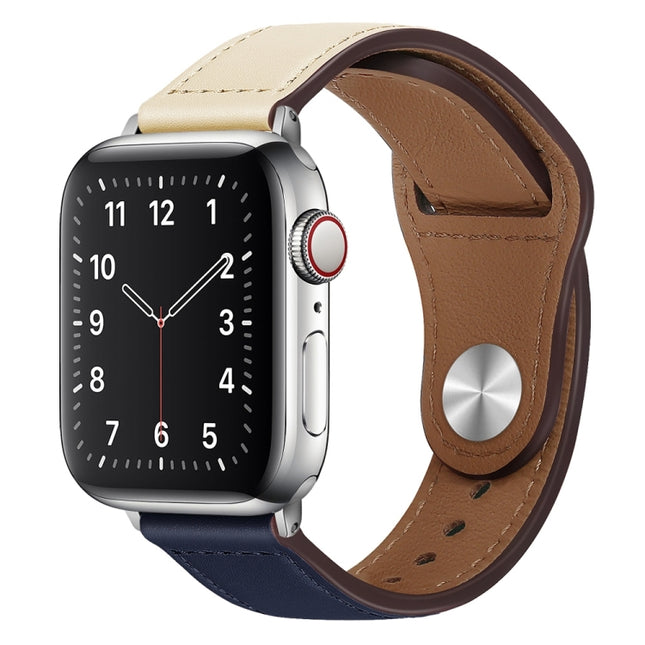 PU Leather Silver Buckle Watch Band For Apple Watch Series 9&8&7 41mm / SE 3&SE 2&6&SE&5&4 40mm / 3&2&1 38mm(Beige and Dark Blue)-garmade.com