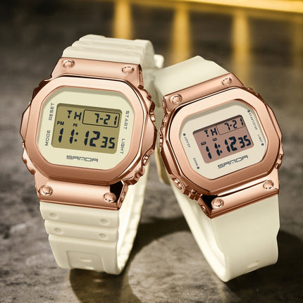 SANDA 9006 Tempered Mirror Luminous Waterproof Dual Display Electronic Watch(White Gold)-garmade.com