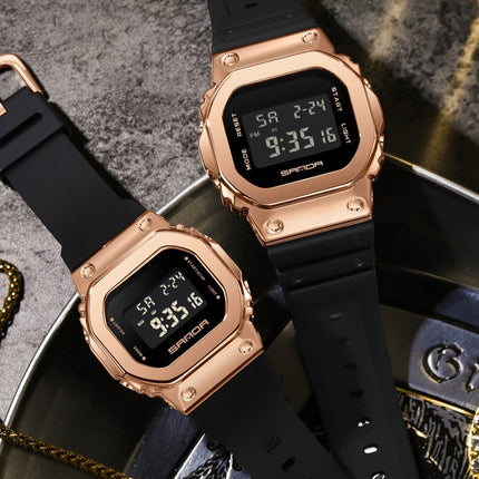 SANDA 9006 Tempered Mirror Luminous Waterproof Dual Display Electronic Watch(Black Rose Gold)-garmade.com