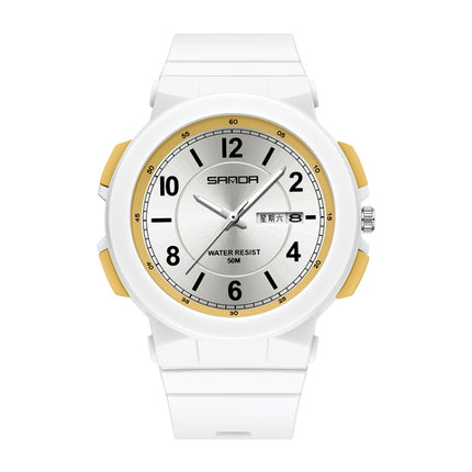 SANDA 6097 TPU Strap Dual Calendar Waterproof Electronic Watch(White Yellow)-garmade.com