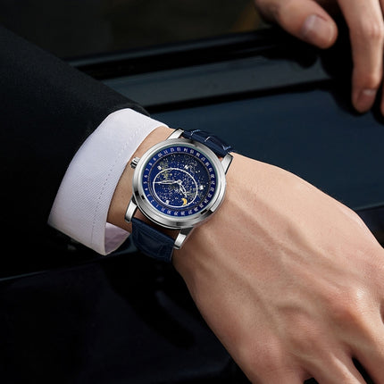 SANDA 7001 Leather Strap Luminous Waterproof Mechanical Watch(Silver Blue)-garmade.com