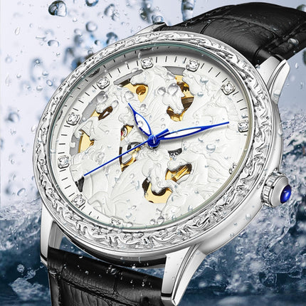 SANDA 7011 Leather Strap Luminous Waterproof Mechanical Watch(Black Silver)-garmade.com