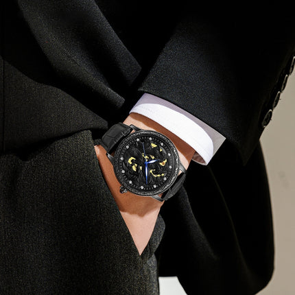 SANDA 7011 Leather Strap Luminous Waterproof Mechanical Watch(Black)-garmade.com