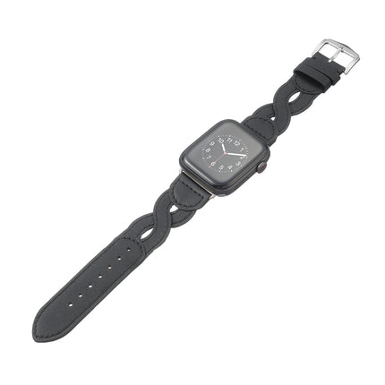 Twist Stitched Genuine Leather Watch Band For Apple Watch Ultra 49mm&Watch Ultra 2 49mm / Series 9&8&7 45mm / SE 3&SE 2&6&SE&5&4 44mm / 3&2&1 42mm(Black)-garmade.com