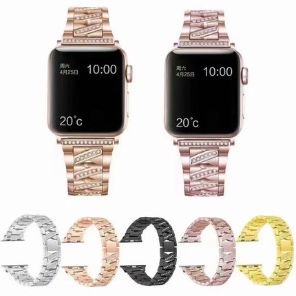 Diamond Metal Watch Band For Apple Watch Series 9&8&7 41mm / SE 3&SE 2&6&SE&5&4 40mm / 3&2&1 38mm(Rose Gold)-garmade.com