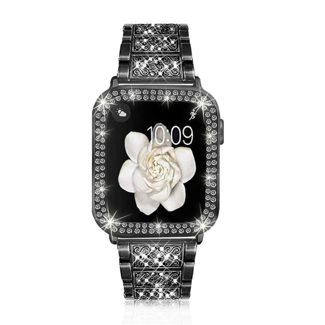 Diamond Metal Watch Band For Apple Watch Series 9&8&7 41mm / SE 3&SE 2&6&SE&5&4 40mm / 3&2&1 38mm(Black)-garmade.com