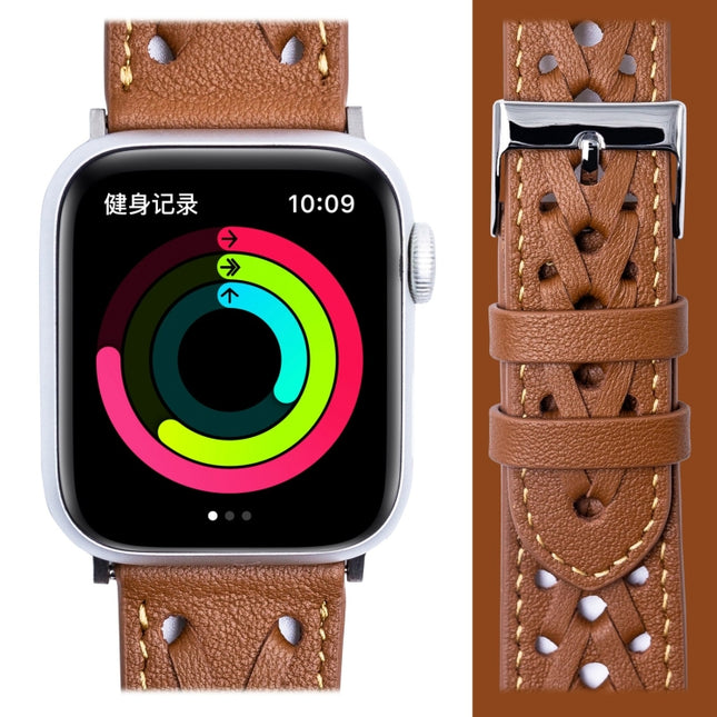 Genuine Leather Woven Watch Strap For Apple Watch Ultra 49mm&Watch Ultra 2 49mm / Series 9&8&7 45mm / SE 3&SE 2&6&SE&5&4 44mm / 3&2&1 42mm(Brown)-garmade.com