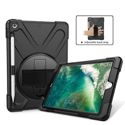 For iPad 9.7 (2018) & (2017) 360 Degree Rotation Silicone Protective Cover with Holder & Hand Strap & Long Strap & Pencil Slot(Black)-garmade.com