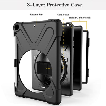 For iPad 9.7 (2018) & (2017) 360 Degree Rotation Silicone Protective Cover with Holder & Hand Strap & Long Strap & Pencil Slot(Black)-garmade.com
