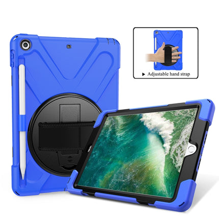For iPad 9.7 (2018) & (2017) 360 Degree Rotation Silicone Protective Cover with Holder & Hand Strap & Long Strap & Pencil Slot(Blue)-garmade.com