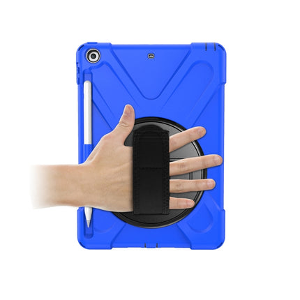 For iPad 9.7 (2018) & (2017) 360 Degree Rotation Silicone Protective Cover with Holder & Hand Strap & Long Strap & Pencil Slot(Blue)-garmade.com