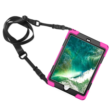 For iPad 9.7 (2018) & (2017) 360 Degree Rotation Silicone Protective Cover with Holder & Hand Strap & Long Strap & Pencil Slot(Rose Red)-garmade.com