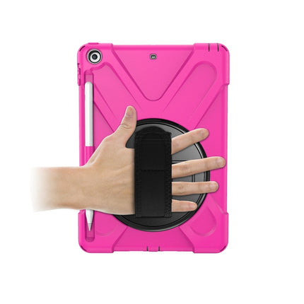 For iPad 9.7 (2018) & (2017) 360 Degree Rotation Silicone Protective Cover with Holder & Hand Strap & Long Strap & Pencil Slot(Rose Red)-garmade.com
