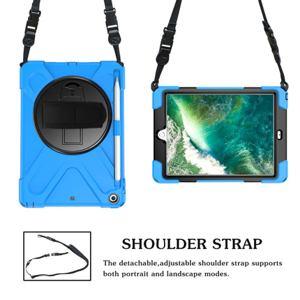 For iPad 9.7 (2018) & (2017) 360 Degree Rotation Silicone Protective Cover with Holder & Hand Strap & Long Strap & Pencil Slot(Light Blue)-garmade.com