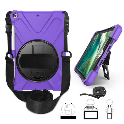 For iPad 9.7 (2018) & (2017) 360 Degree Rotation Silicone Protective Cover with Holder & Hand Strap & Long Strap & Pencil Slot(Purple)-garmade.com