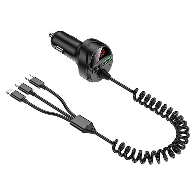 C68 LED Digital Display QC3.0 Fast Car Charger 3 in 1 with Spring Cable(Black)-garmade.com