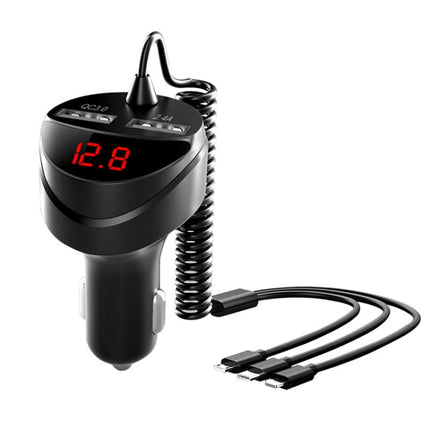 C68 LED Digital Display QC3.0 Fast Car Charger 3 in 1 with Spring Cable(Black)-garmade.com