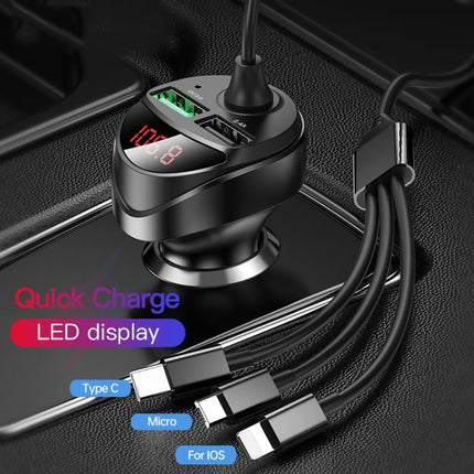 C68 LED Digital Display QC3.0 Fast Car Charger 3 in 1 with Spring Cable(Black)-garmade.com