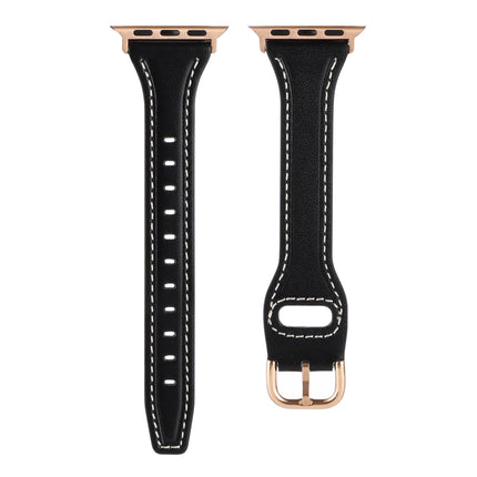 T-shaped Genuine Leather Starry Sky Watch Band For Apple Watch Ultra 49mm&Watch Ultra 2 49mm / Series 9&8&7 45mm / SE 3&SE 2&6&SE&5&4 44mm / 3&2&1 42mm(Black and Gold Buckle)-garmade.com