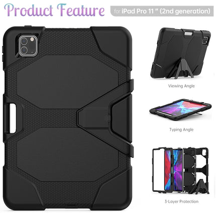 For iPad Pro 11 inch (2020) Shockproof Colorful Silicon + PC Protective Case with Holder & Shoulder Strap & Hand Strap & Pen Slot(Black)-garmade.com