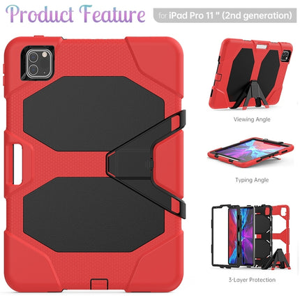 For iPad Pro 11 inch (2020) Shockproof Colorful Silicon + PC Protective Case with Holder & Shoulder Strap & Hand Strap & Pen Slot(Red)-garmade.com