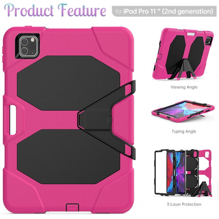 For iPad Pro 11 inch (2020) Shockproof Colorful Silicon + PC Protective Case with Holder & Shoulder Strap & Hand Strap & Pen Slot(Rose Red)-garmade.com