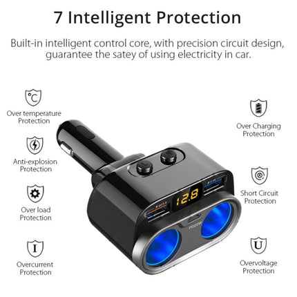 C47PQ Car Cigarette Lighter + Dual USB + Type-C Car Charger(Black)-garmade.com