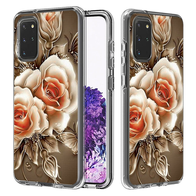 For Galaxy S20+ 2 In 1 PC + TPU Card Pattern Transparent Protective Case(Rose on Black)-garmade.com