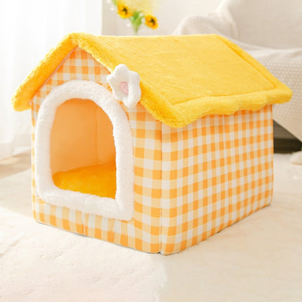 House Type Universal Removable and Washable Pet Dog Cat Bed Pet Supplies, Size:S(Yellow Flower)-garmade.com