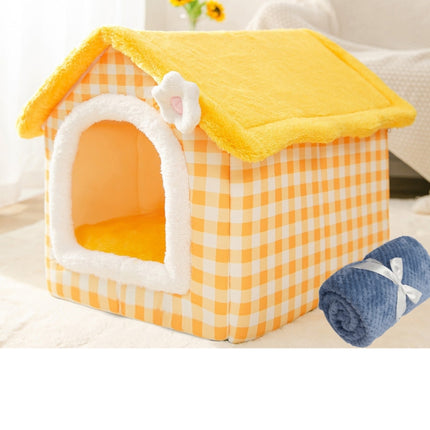 House Type Universal Removable and Washable Pet Dog Cat Bed Pet Supplies, Size:S(Yellow Flower + Blanket)-garmade.com