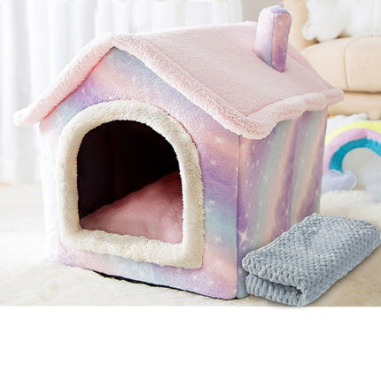 House Type Universal Removable and Washable Pet Dog Cat Bed Pet Supplies, Size:S(Pink Starry Sky + Blanket)-garmade.com