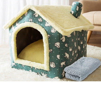 House Type Universal Removable and Washable Pet Dog Cat Bed Pet Supplies, Size:S(Green Bear House + Blanket)-garmade.com