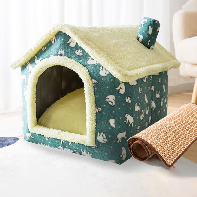 House Type Universal Removable and Washable Pet Dog Cat Bed Pet Supplies, Size:S(Green Bear House + Mat)-garmade.com