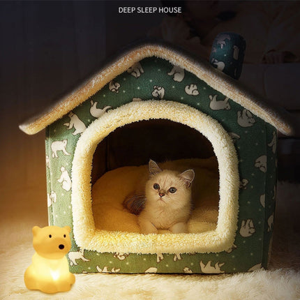 House Type Universal Removable and Washable Pet Dog Cat Bed Pet Supplies, Size:S(Green Bear House + Mat)-garmade.com