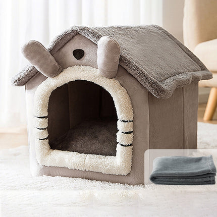House Type Universal Removable and Washable Pet Dog Cat Bed Pet Supplies, Size:M(Gray Cat + Blanket)-garmade.com