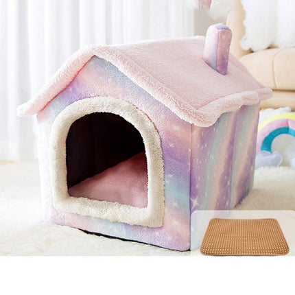 House Type Universal Removable and Washable Pet Dog Cat Bed Pet Supplies, Size:M(Pink Starry Sky + Mat)-garmade.com