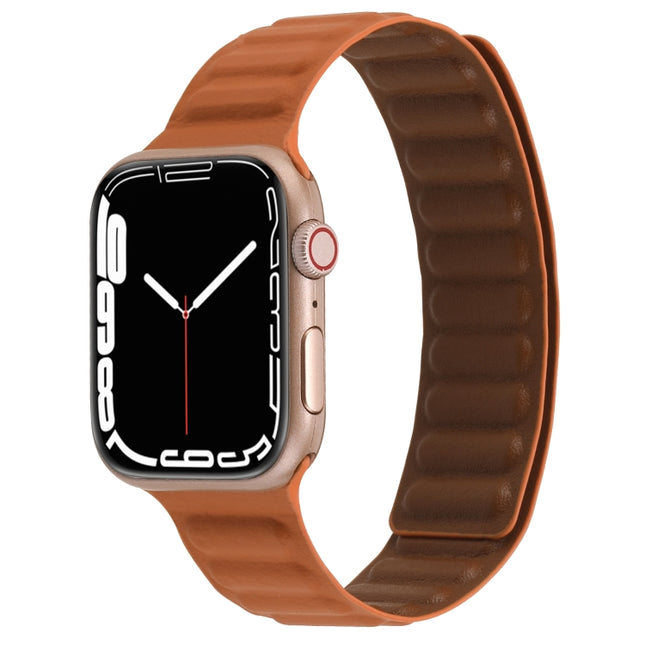 Magnetic Two-color Loop Slim Leather Watch Band For Apple Watch Ultra 49mm&Watch Ultra 2 49mm / Series 9&8&7 45mm / SE 3&SE 2&6&SE&5&4 44mm / 3&2&1 42mm(Golden Brown)-garmade.com