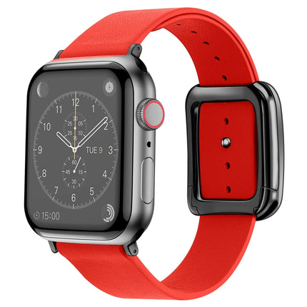 Black Square Buckle Microfiber Leather Watch Band For Apple Watch Ultra 49mm&Watch Ultra 2 49mm / Series 9&8&7 45mm / SE 3&SE 2&6&SE&5&4 44mm / 3&2&1 42mm(Red)-garmade.com