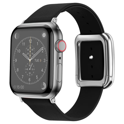 Silver Square Buckle Microfiber Leather Watch Band For Apple Watch Ultra 49mm&Watch Ultra 2 49mm / Series 9&8&7 45mm / SE 3&SE 2&6&SE&5&4 44mm / 3&2&1 42mm(Black)-garmade.com
