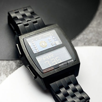 NORTH EDGE CyberTank Stainless Steel Strap Multifunctional Electronic Watch(Black)-garmade.com