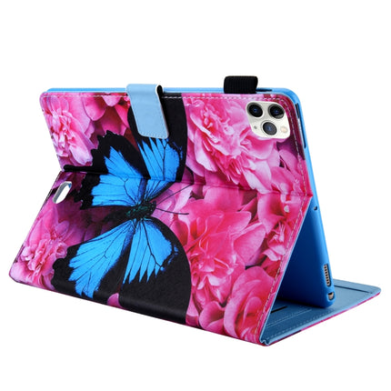 For iPad Pro 11 (2020) & (2018) Painted Pattern Tablet PC Protective Leather Case with Bracket & Card Slot & Photo Holder(Red Flower Blue Butterfly)-garmade.com