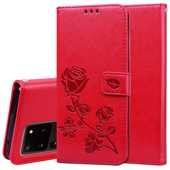 For Galaxy S20 Ultra Rose Embossed Horizontal Flip PU Leather Case with Holder & Card Slots & Wallet(Red)-garmade.com