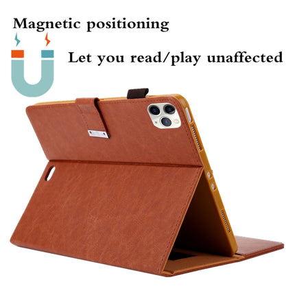 For iPad Pro 11 (2020) & (2018) Small Metal Button Magnetic Attraction Tablet PC Protective Leather Case with Deformable Bracket & Handle & Card Slots & Pen Slot & Sleep / Wake-up Function(Brown)-garmade.com