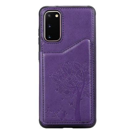 For Galaxy S20 Cat Tree Embossing Pattern Shockproof Protective Case with Card Slots & Photo Frame(Purple)-garmade.com