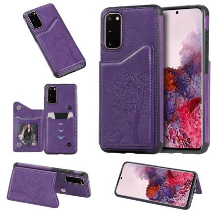 For Galaxy S20 Cat Tree Embossing Pattern Shockproof Protective Case with Card Slots & Photo Frame(Purple)-garmade.com